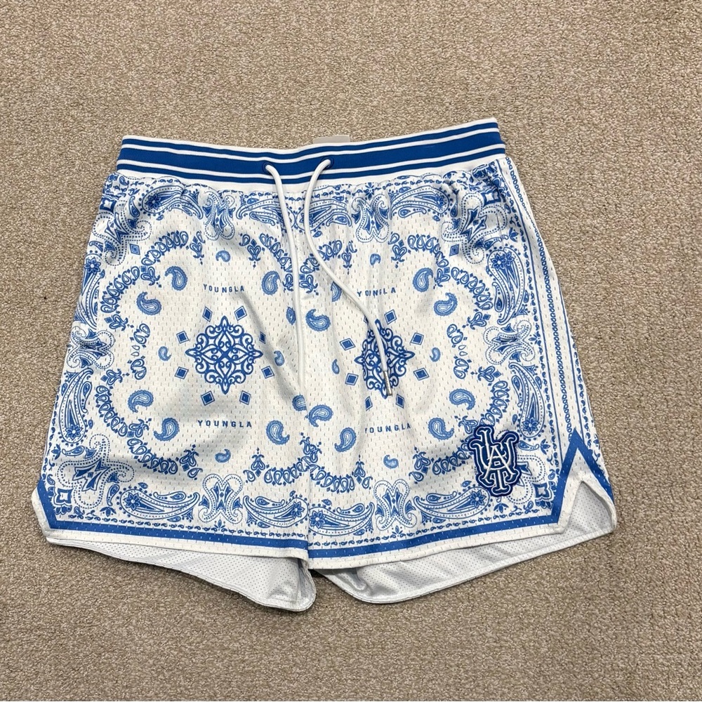 YoungLA Paisley Blue and White Athletic Shorts